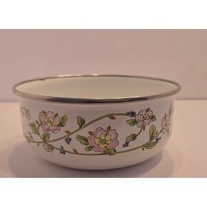 Kobe Kitchen Enamel Bowl Floral Pink Flowers Blueberries Vintage Kitchenware